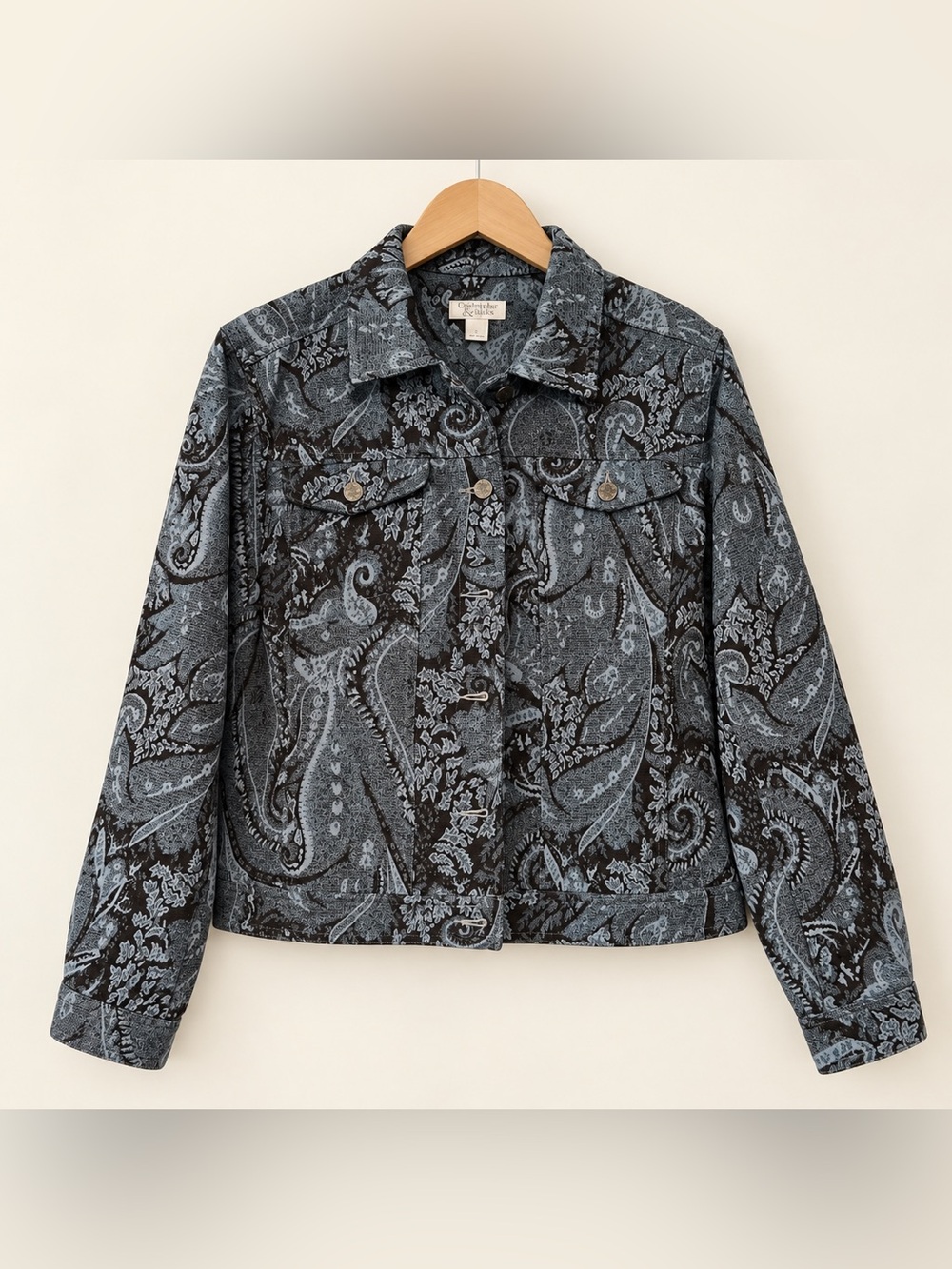 Blue Paisley Denim Jacket Statement Career | Christopher & Banks EUC L #2422